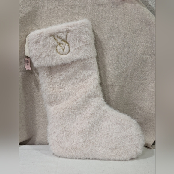 Victoria's Secret Other - NWT Victorias Secret Christmas Stocking Exclusive White Faux Fur Gold Embroidery